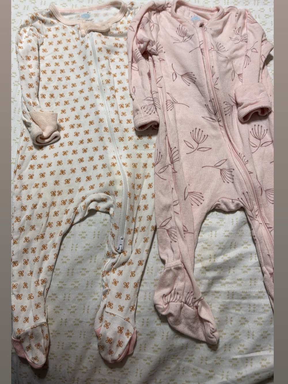 cloud island Pink Floral and Cream Butterfly Zip Footed One-Pieces (Pair)